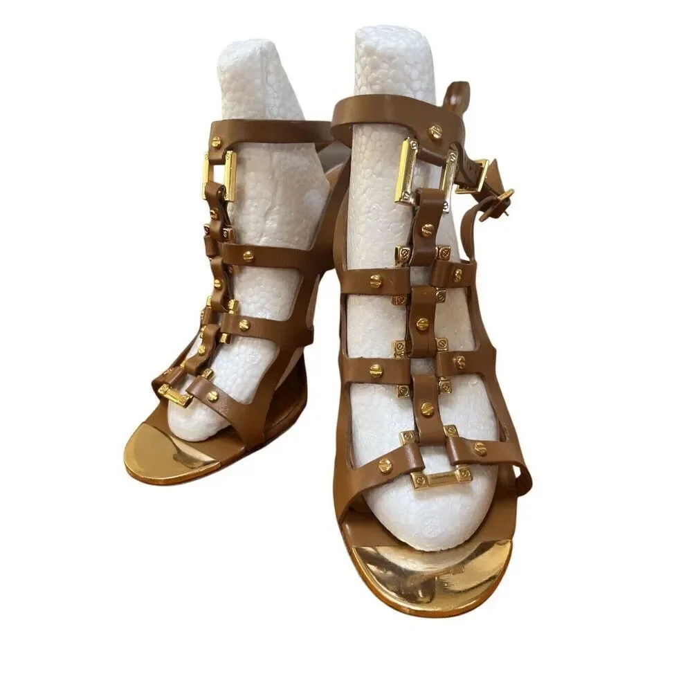 Tory Burch Francesca Camel Leather & Gold Strappy Ankle Stiletto High Heels 10